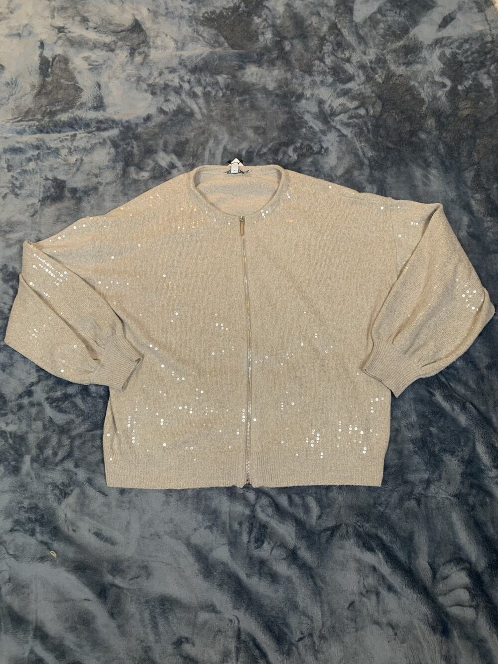 NWT Chicos Travelers Sequin Cardigan Top Long Sleeve Jacket Beige Size 2 L